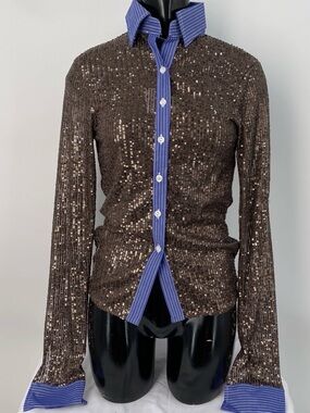 Hand Over Charles ex boy friend Blouse Brown Sequin Button-Up size L